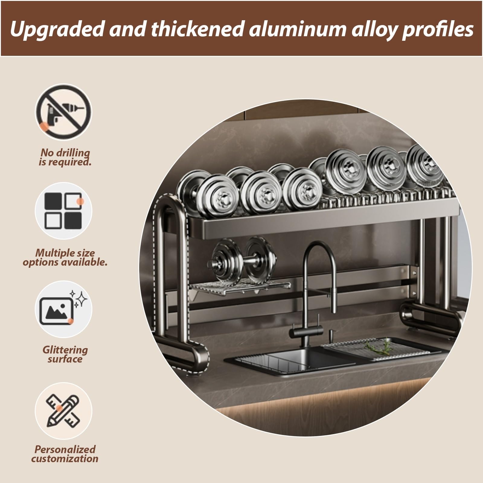Escurridor de Platos de Acero al Carbono Robusto Organizador de encimera ventilado y autodrenante para Guardar Platos, Cuencos y Fuentes (Doble Capa, 86,5 cm/34,1 Pulgadas