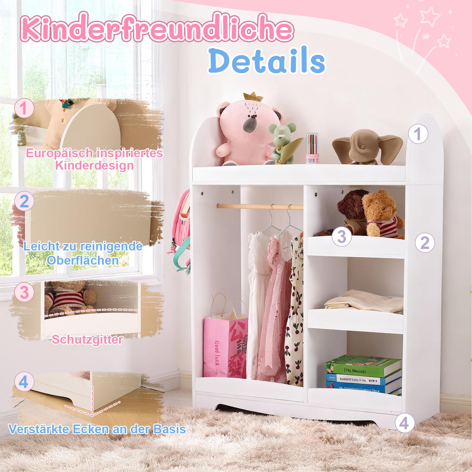LALAHO kinderkleiderschrank，kleiderschrank kinderzimmer，kleiderschrank Kinder，kindergarderobe mit ablage，mit 3 Haken＆mit 5 offener Ablagen, Kinder Kleiderständer für Kinderzimmer（Weiß）