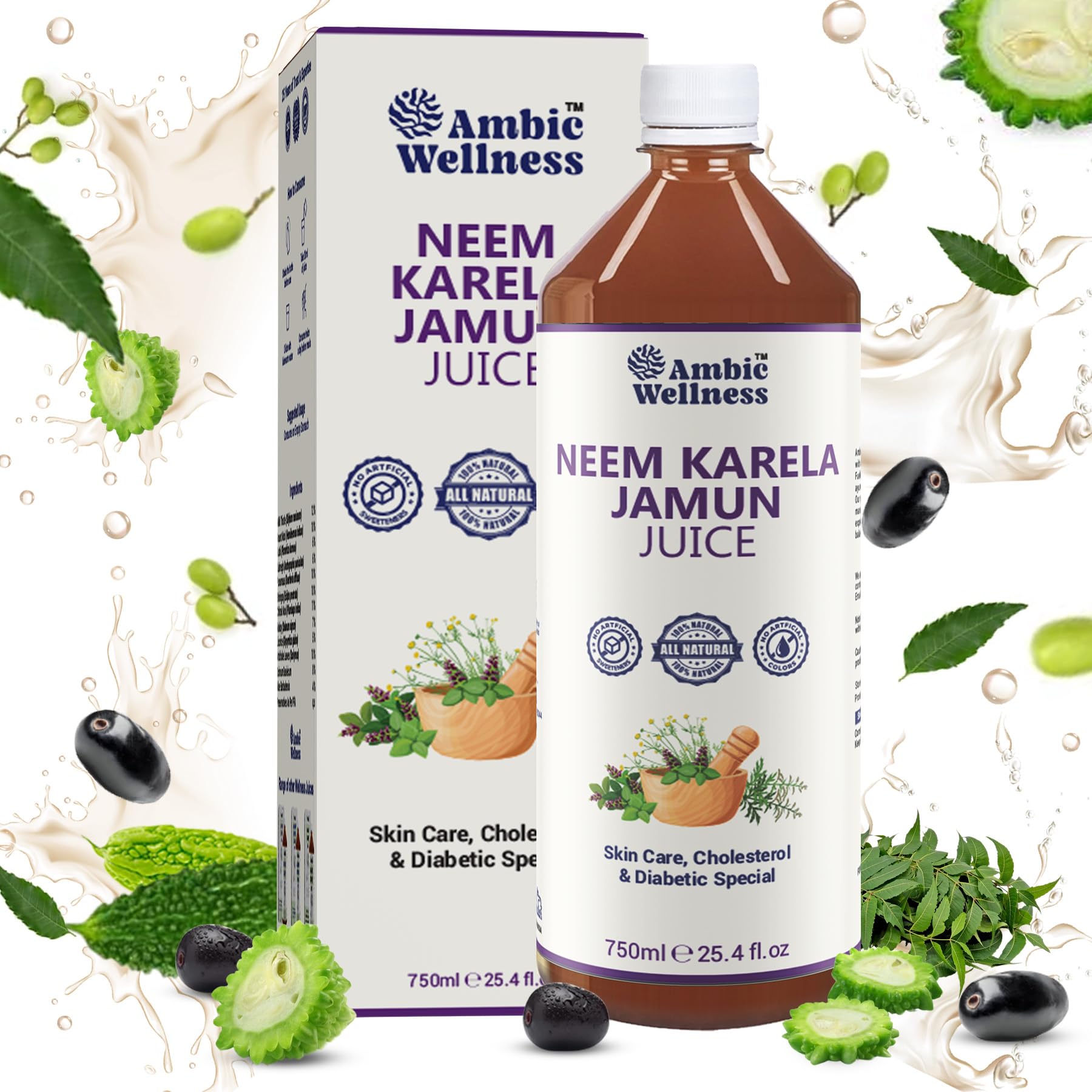 Ambic Wellness Neem Karela Jamun Juice for Diabetes - 750ml, Ayurvedic Diabetic Care Juice, Helps Maintain Healthy Sugar Levels, Immunity Booster Juice for Skin Care & Natural Detox, No Added Sugar