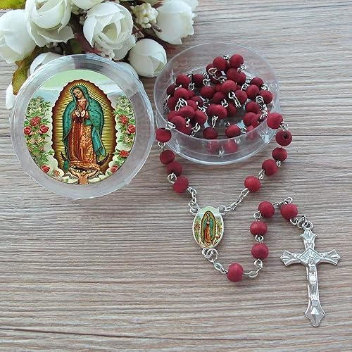 MTT 12 Rosario rojo perfumado Virgen De Guadalupe Recuerdos de Bautizo Primera Comunión, recuerdo de fiesta de Nuestra Señora de Guadalupe, Perla