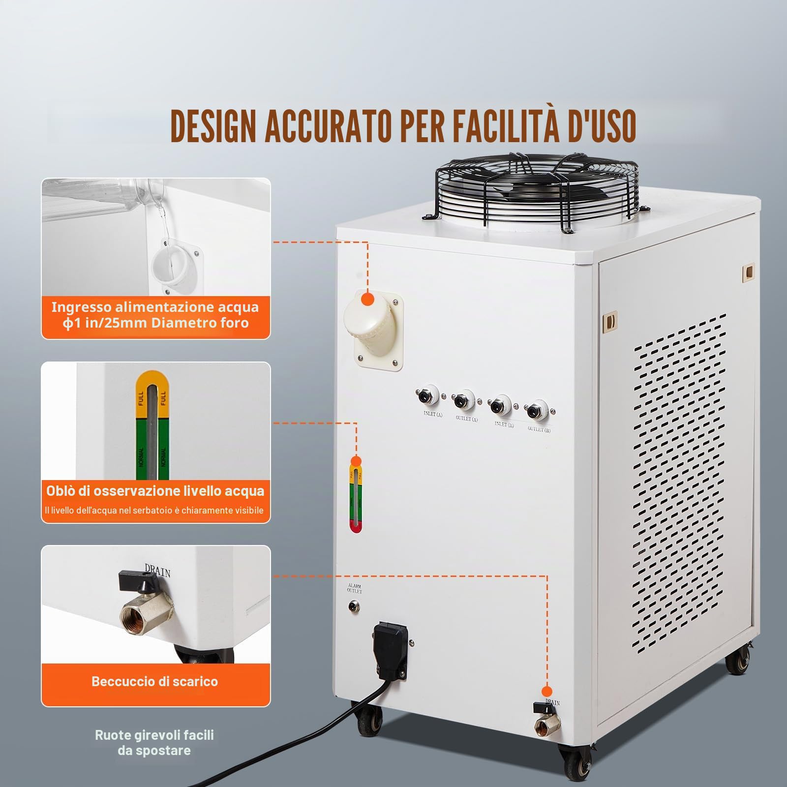 VEVOR Raffreddatore ad acqua industriale, CW6000, sistema di raffreddamento ad acqua 1500 W con compressore, capacità del serbatoio dell'acqua 15 l, portata massima 65 l/min, per macchina di