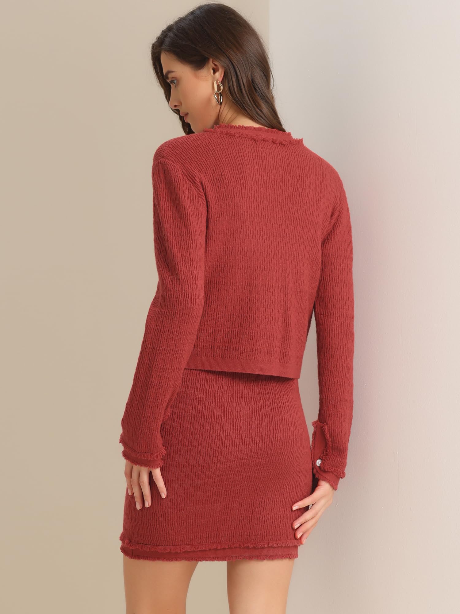 Allegra K Femme Ensemble Pull Jupe Manches Longues Veste Courte | Col Rond Manches Longues Fermeture Boutonnée Veste Courte Ourlet Brut Jupe Courte Taille Haute Ceinture Élastique Rouge L