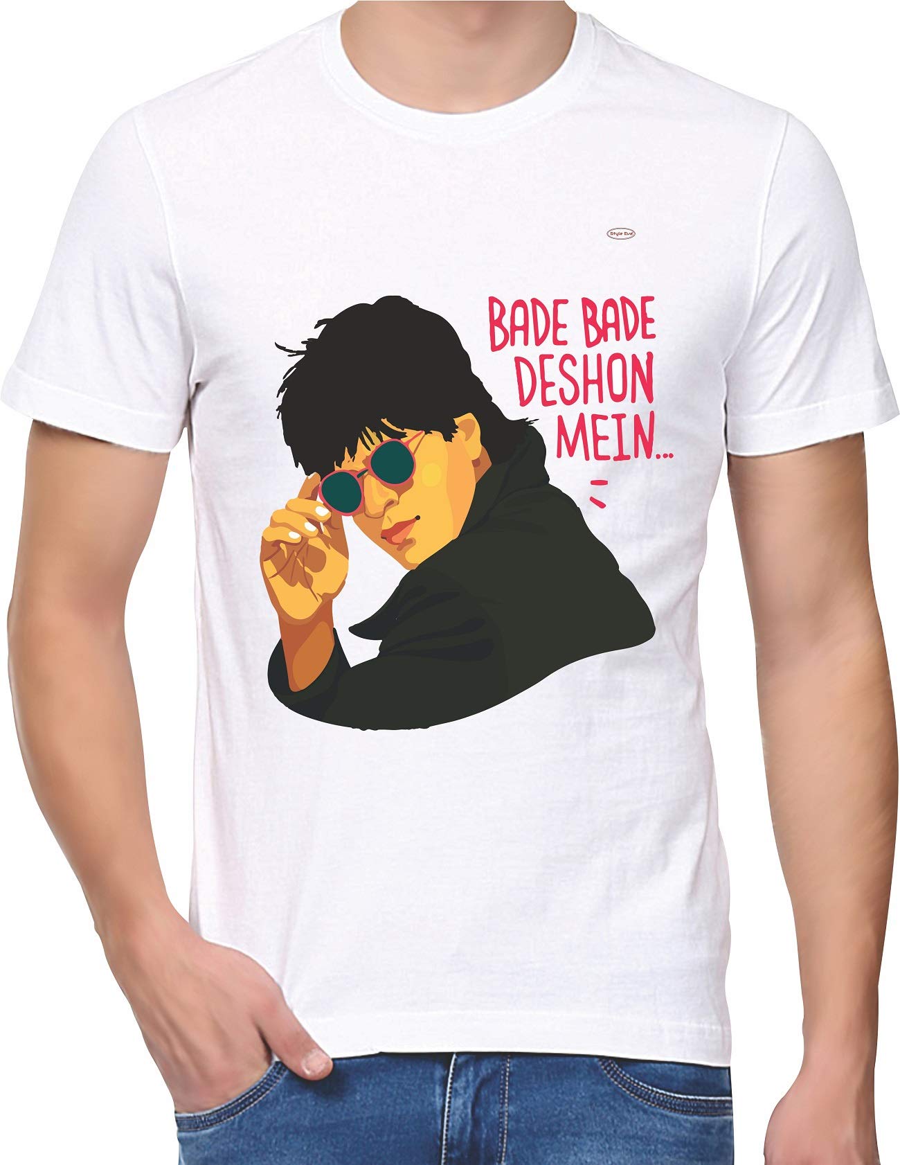 Style Eva - White Polyester | 223 - Shahrukh Khan | Shahrukh Khan Printed Short Sleeve Round Neck T-Shirt