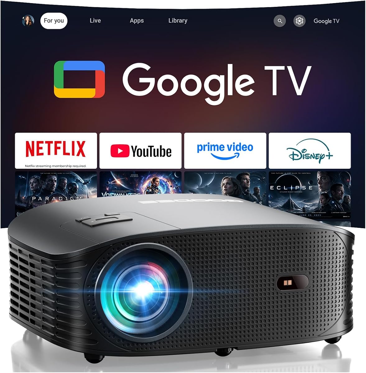 Mini proyector [Google TV con licencia oficial] Aplicaciones integradas | Imagen nativa de 1080P compatible con Netflix/YouTube/Prime Video/Disney+, compatible con WiFi y Bluetooth, HDMI/teléfono/portátil
