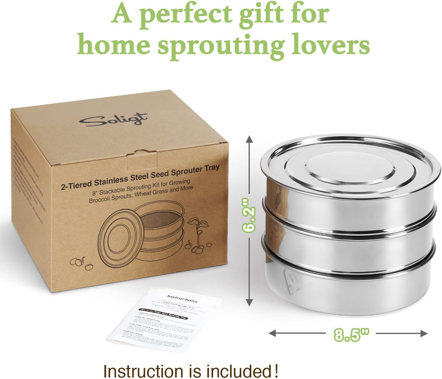 SOLIGT Stackable Stainless Steel Seed Sprouting Kit, 2-Tier Mesh Sprouting Trays, 1 Base and 1 Cover Lid