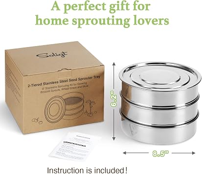 SOLIGT Stackable Stainless Steel Seed Sprouting Kit, 2-Tier Mesh Sprouting Trays, 1 Base and 1 Cover Lid | Come with 2-Tier Mesh Sprouting Trays, 1 Base and 1 Cover Lid