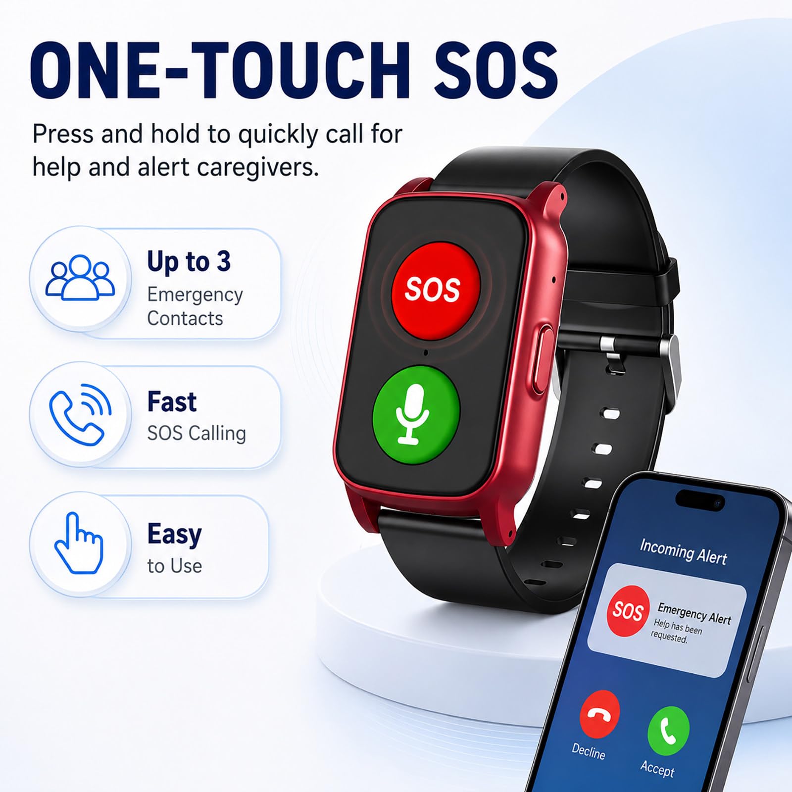 Montre GPS pour Seniors - Bouton SOS, Localisation 4G, Appels Vocaux Bidirectionnels, Alerte de Zone et Alerte de Chute Red