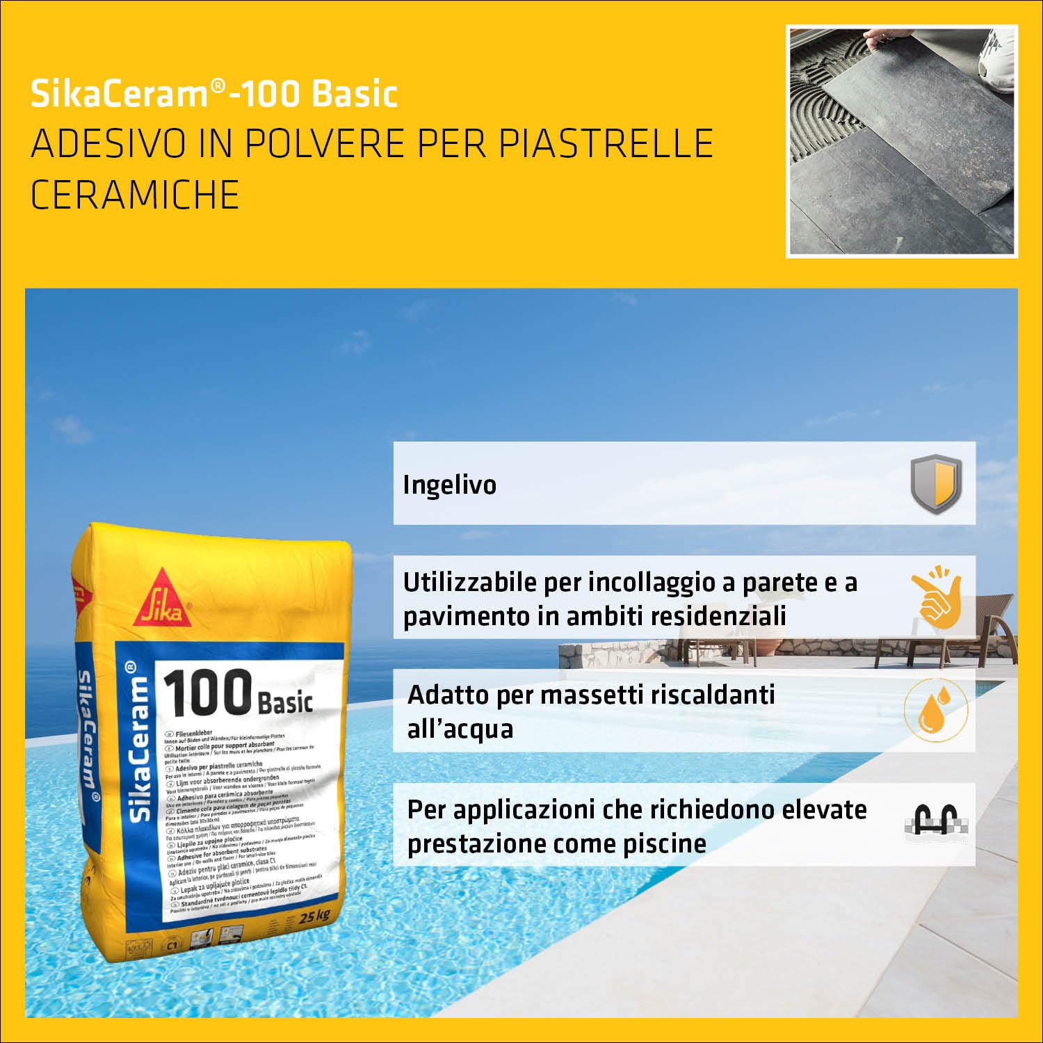 Sika - SikaCeram 100 Basic, Bianco - Adesivo in polvere per piastrelle ceramiche, pavimenti industriali e piscine - Altamente aderente - 25kg