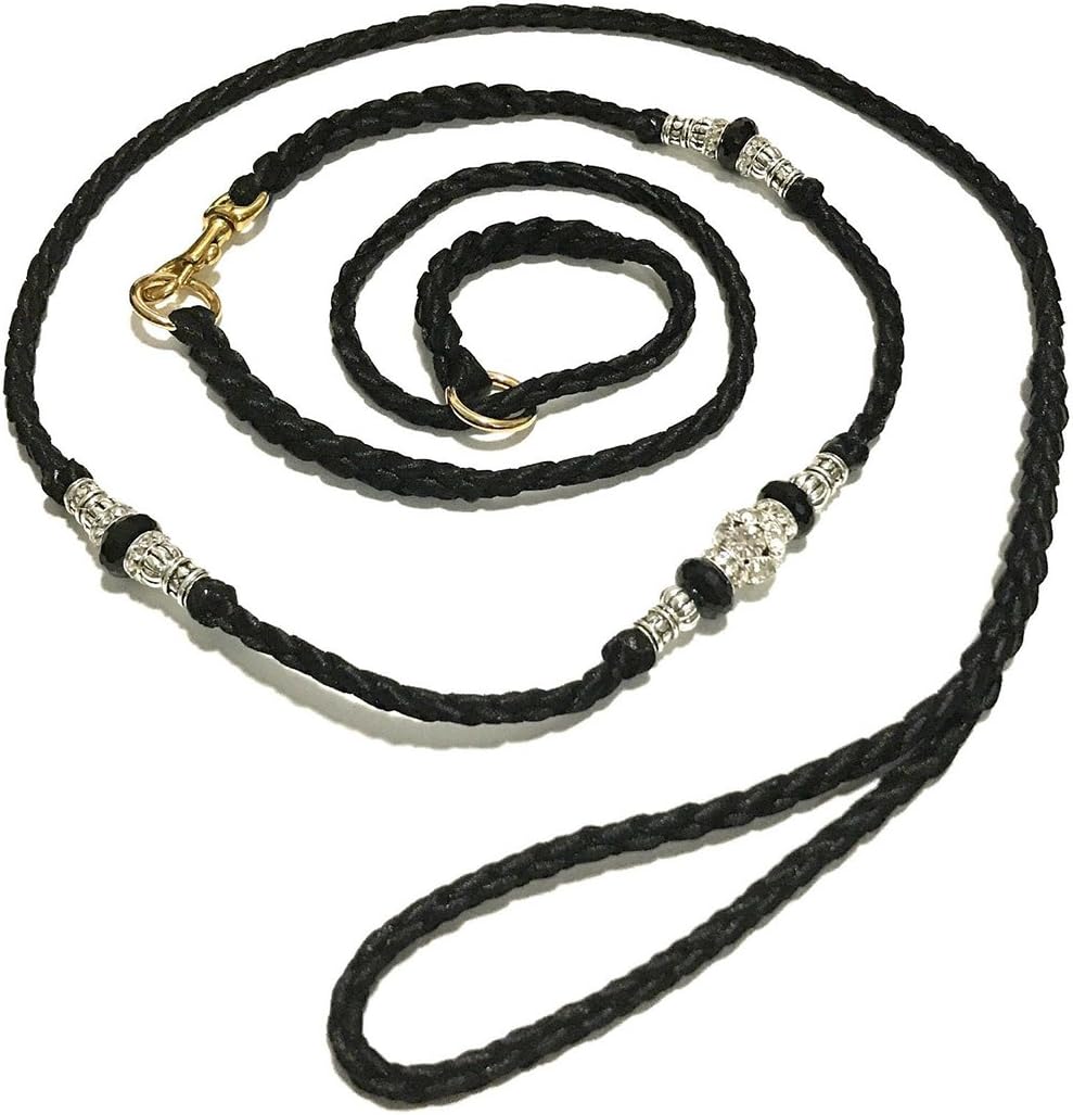 Mengshou Beaded Dog Show Lead, Dog Leash Hand Braided, Custom Made, Control & Training Lead (Black)