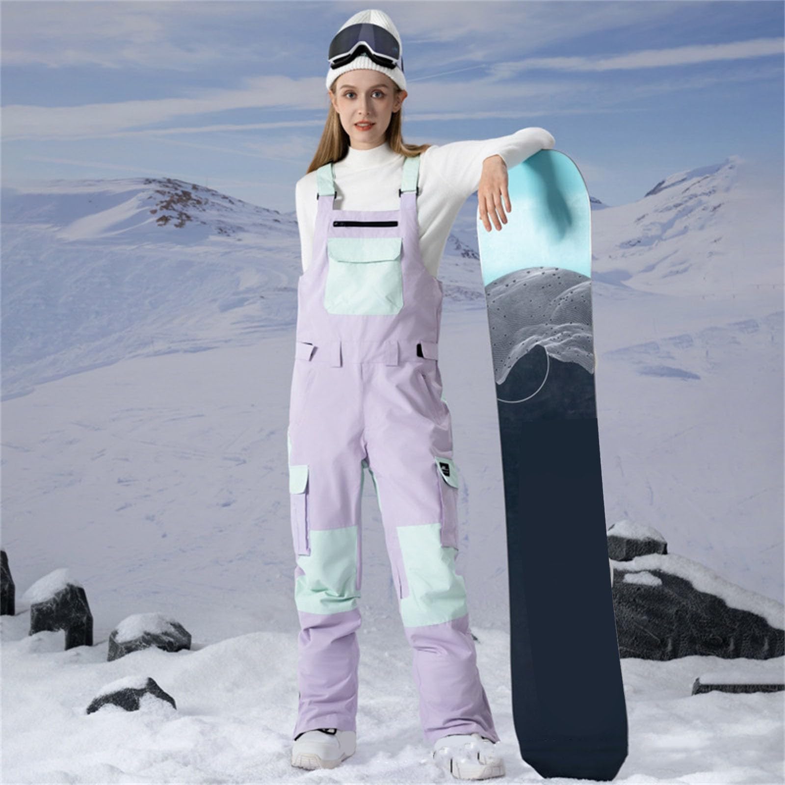 Overol de esquí impermeable cómodo resistente al viento, overol transpirable, traje de esquí atlético, pantalones de esquí térmicos para mujer, con bolsillos en el pecho, overol térmico con múltiples