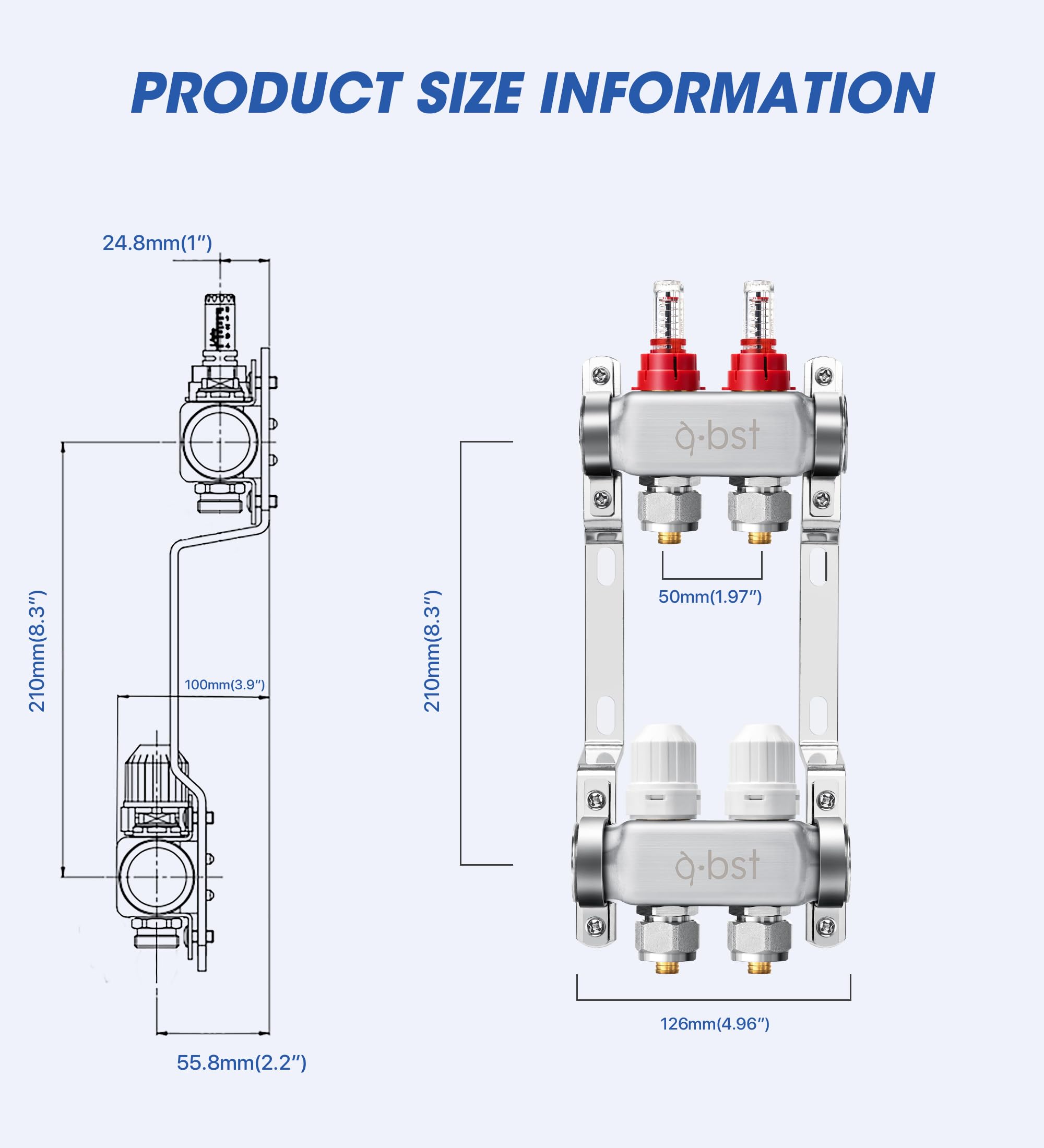 ABST PEX - Colector de calor radiante, 2 bucles PEX con adaptadores de 1/2 pulgada incluidos, kit de colector de calefacción por suelo radiante