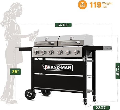 Miniatura 9 de Brand-Man - Combo de parrilla de 6 quemadores, parrilla de gas propano versátil 2 en 1 con tapas dobles de acero inoxidable, combo de barbacoa para
