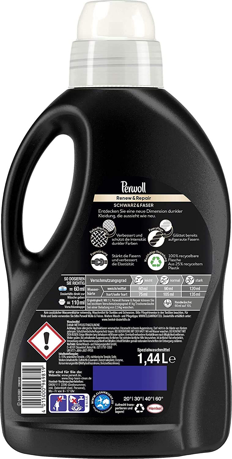 Perwoll Renew & Repair Schwarz & Faser, Feinwaschmittel, 96 (4 x 24) Waschladungen, für schwarze Wäsche
