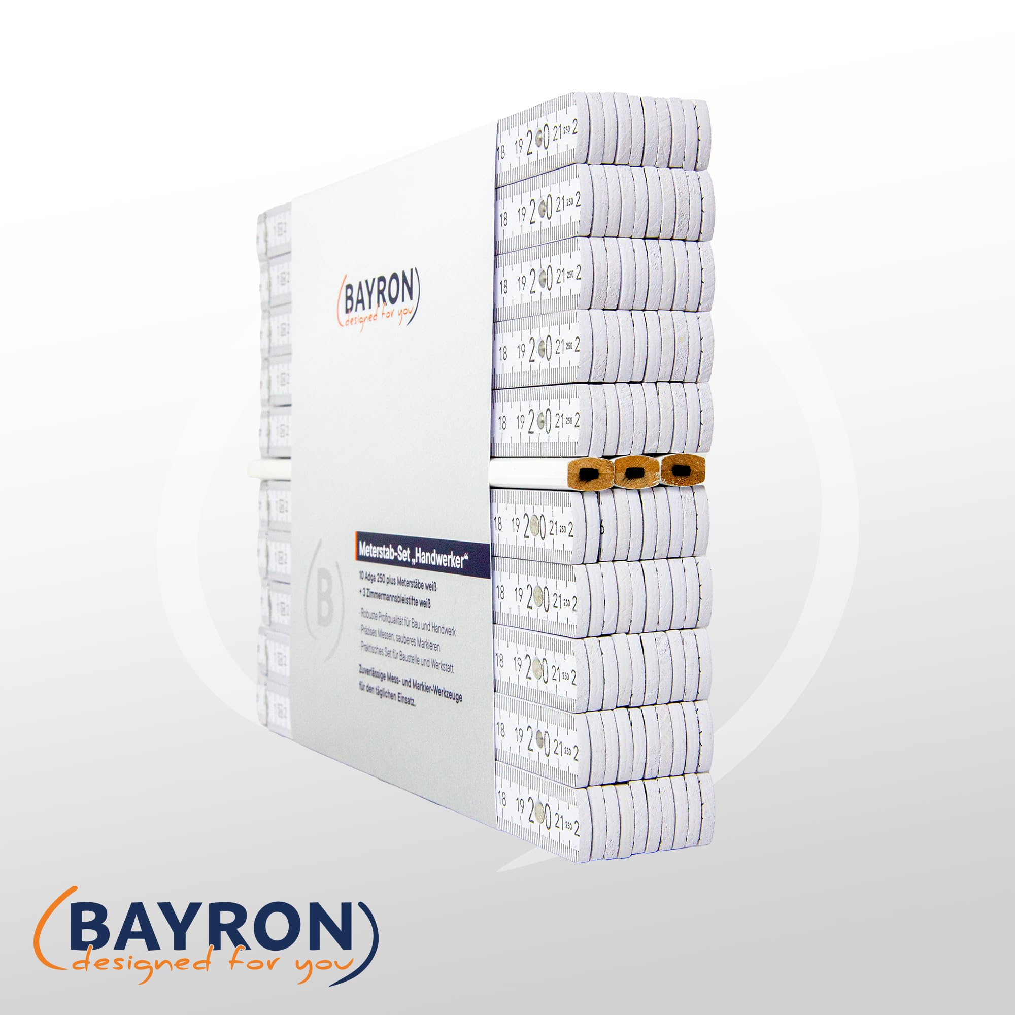 BAYRON Holz-Meterstab-Set Handwerker | 10 x ADGA 250 plus 2m Weiß Metallgelenk, 90°-Rastung, Winkelfunktion, MADE IN GERMANY | 3 x BAYRON Zimmermannsbleistift