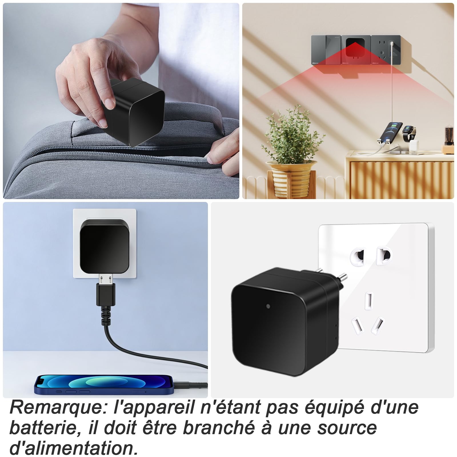 Caméra Espion WiFi 5G Cachée dans Chargeur USB Mini 1080P Détection Mouvement Enregistrement Boucle Visionnage à Distance Normes Européennes