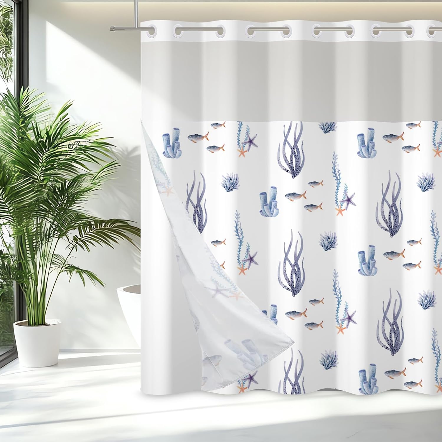 71x71 Inch Without Hook Ocean Shower Curtain and Liner Set Seagrass Coral Nautical Coastal Snap in Shower Curtains for Bathroom Minimalist Sea Marine Life Bathroom Set for Unisex