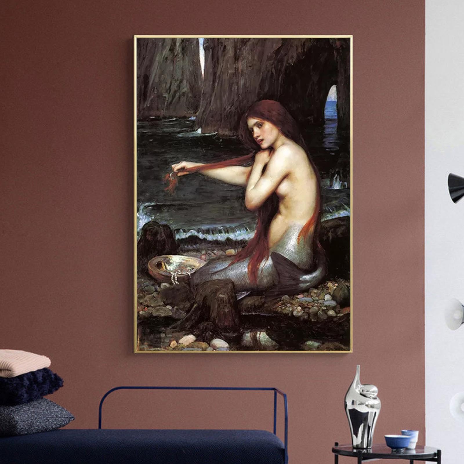 Lienzo abstracto arte de la pared carteles sirena John William Waterhouse retrato impresiones sala de estar pintura HD decoración del hogar imagen 80x100cm (32x39in) marco interior