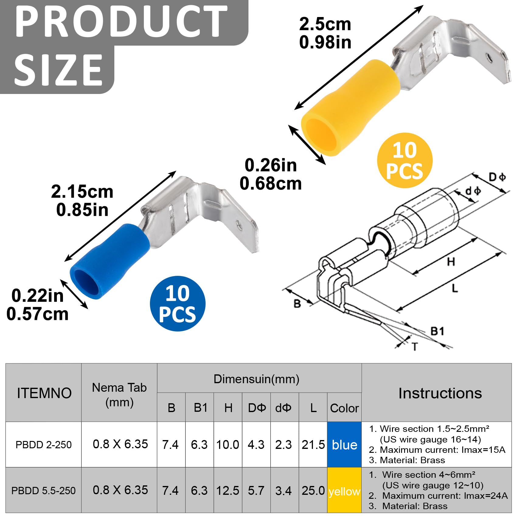 Alpinleux 20 Pcs Semi-Insulated Piggyback Spade Connectors, Female/Male Terminal Connector, Quick Disconnect Piggyback Spade Assortment Kit, 16-10 AWG