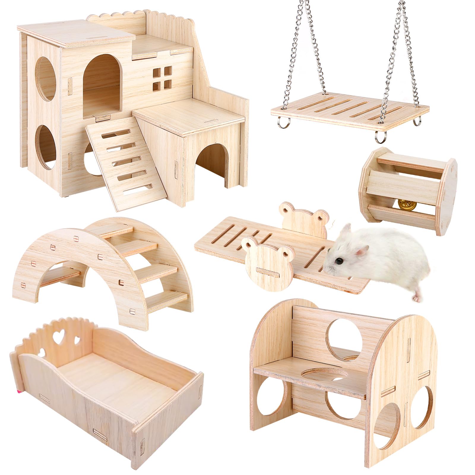 Vegena Wooden Hamster House Set - 7 Piece Pine Toy Collection With Seesaw, Bridge and Swing for Guinea Pigs Bunnies and Small Pets