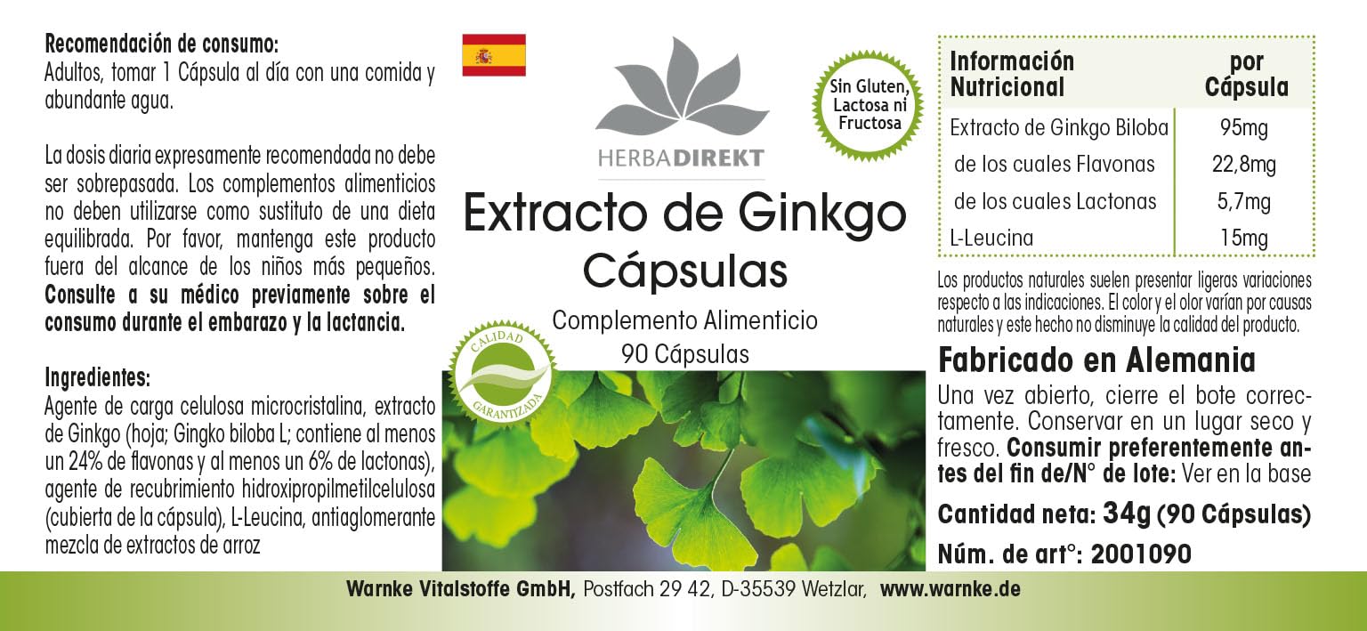 Estratto Ginkgo Biloba capsule 95mg - 90 capsule - almeno 24% di flavoni e almeno 6% di lattoni | HERBADIREKT by Warnke Vitalstoffe - Qualità da farmacia tedesca