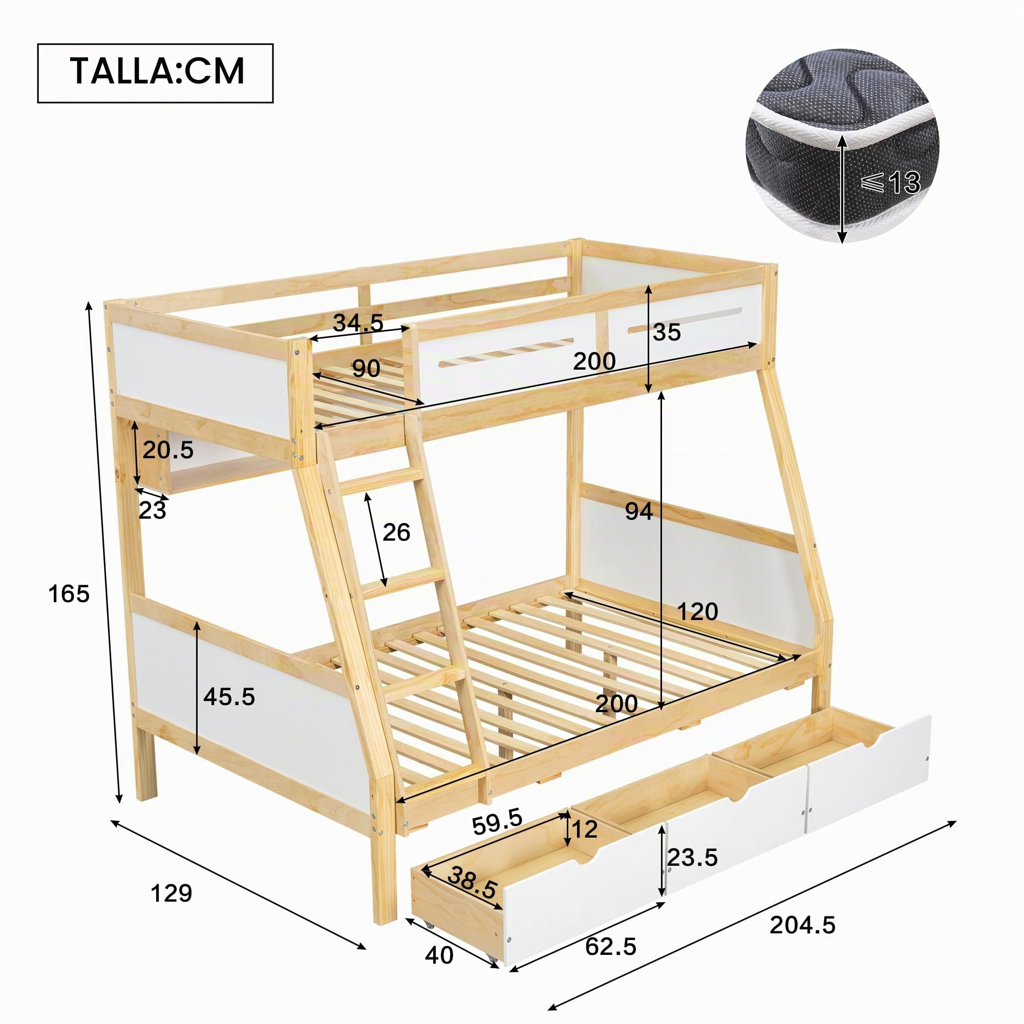Soweiz Litera, cuna de 90 x 200 cm y 120 x 200 cm, tres cajones con ruedas, soporte para libros de imágenes de 2 m, cercado seguro de cuatro lados y escalera, pino + MDF + madera contrachapada, color