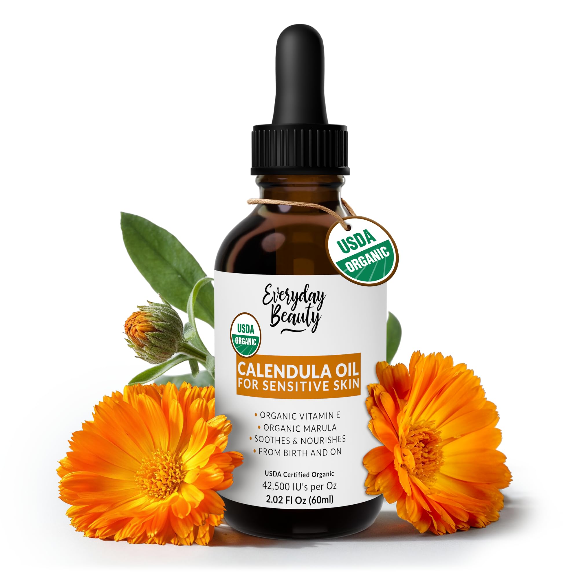 Organic Calendula Oil For Sensitive Skin - USDA Certified 100% Plant Based, Lightweight & Unscented Gentle Soothing Oil For Sensitive Skin - For Face, Skin & All Over - 2.02 Fl Oz Glass & Dropper