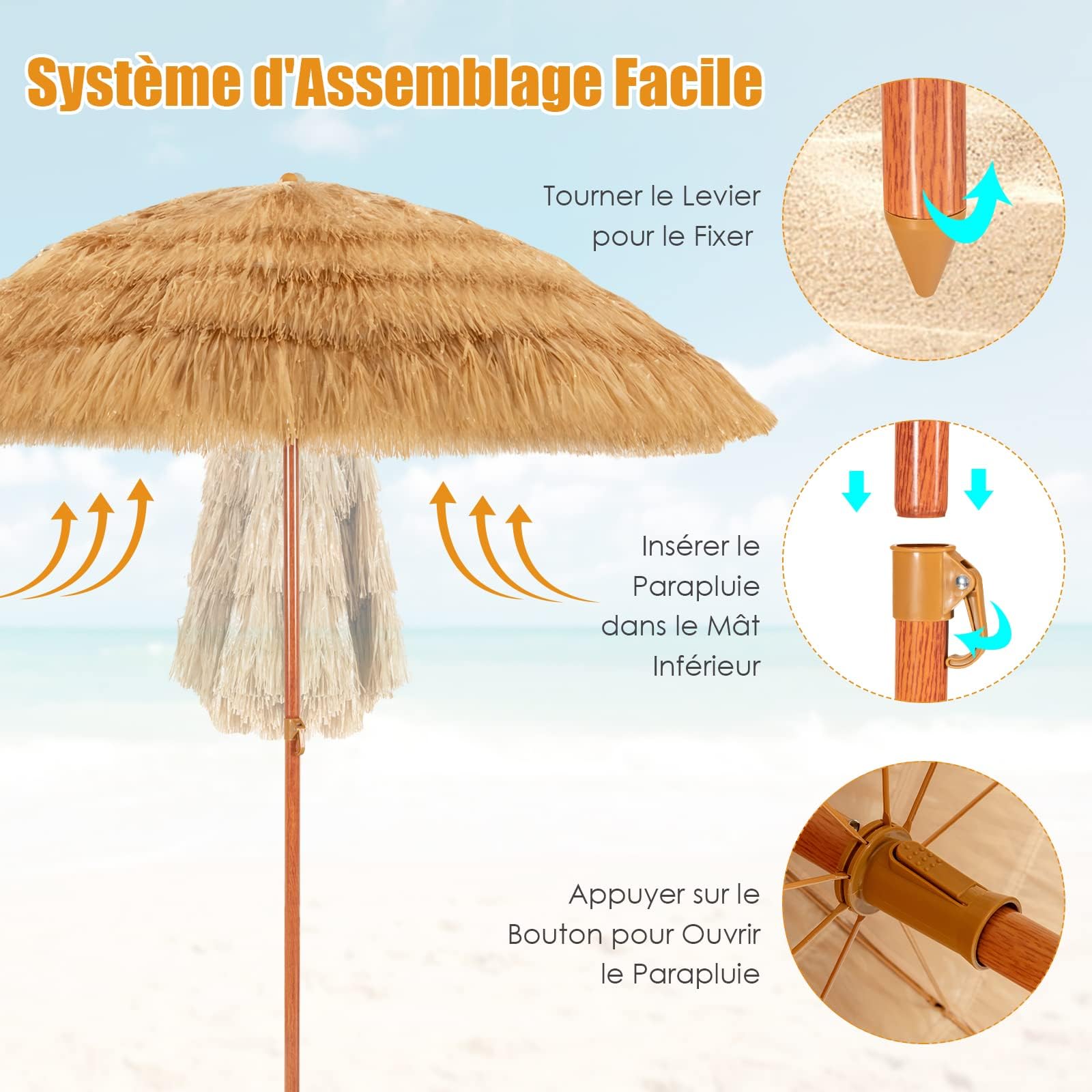 RELAX4LIFE Parasol Plage Hawaïen Inclinable Φ2M en Paille Tropicale
