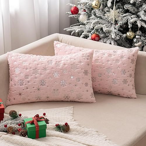 MIULEE - Juego de 2 fundas de cojín decorativas de Navidad, hechas de piel sintética suave con copos de nieve plateados y brillantina, para