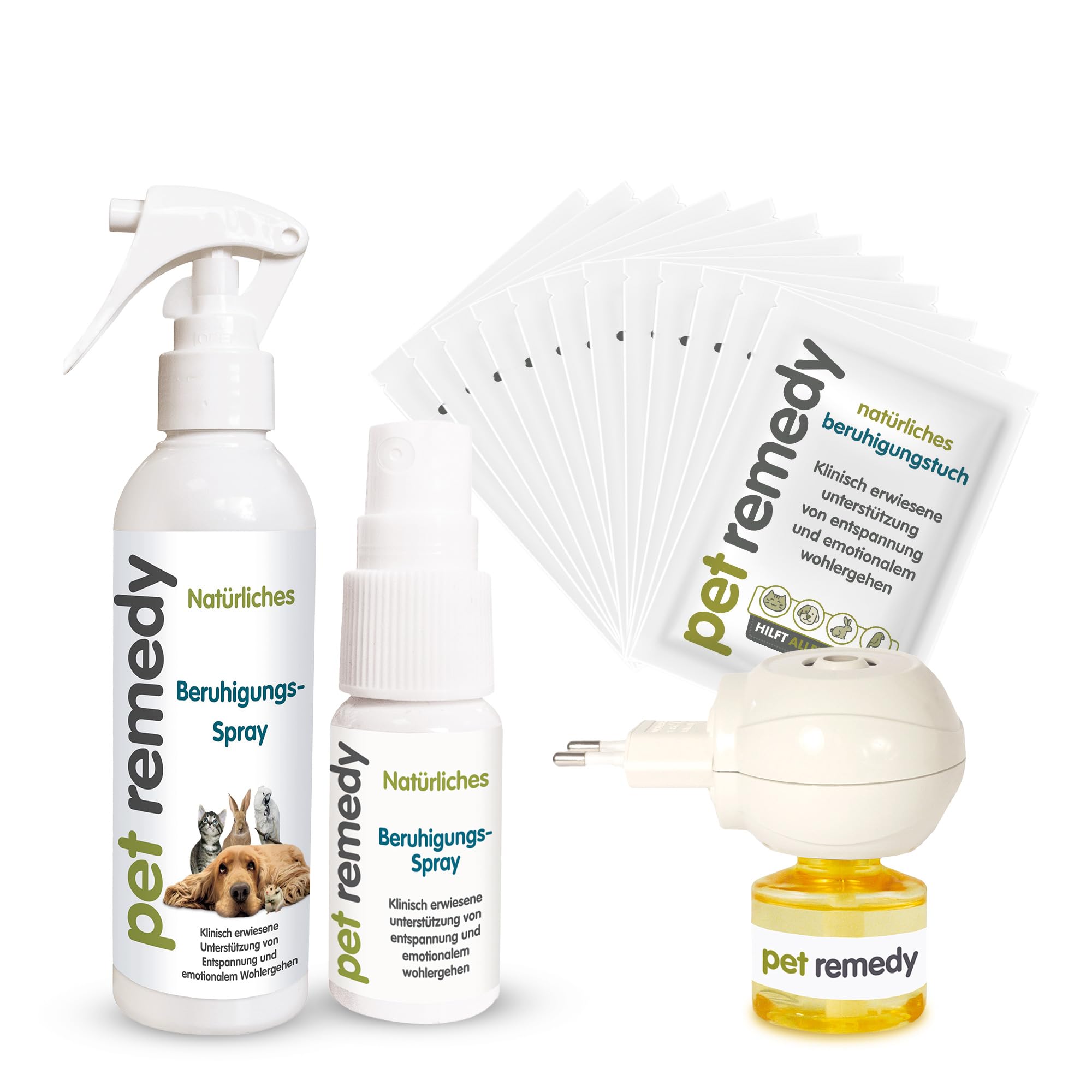 Pet Remedy Emmi - Juego de calmante todo en uno, tapón aromático y mini spray contra el estrés en mascotas, juego antiestrés natural para perros, gatos y animales pequeños, pH neutro y clínicamente
