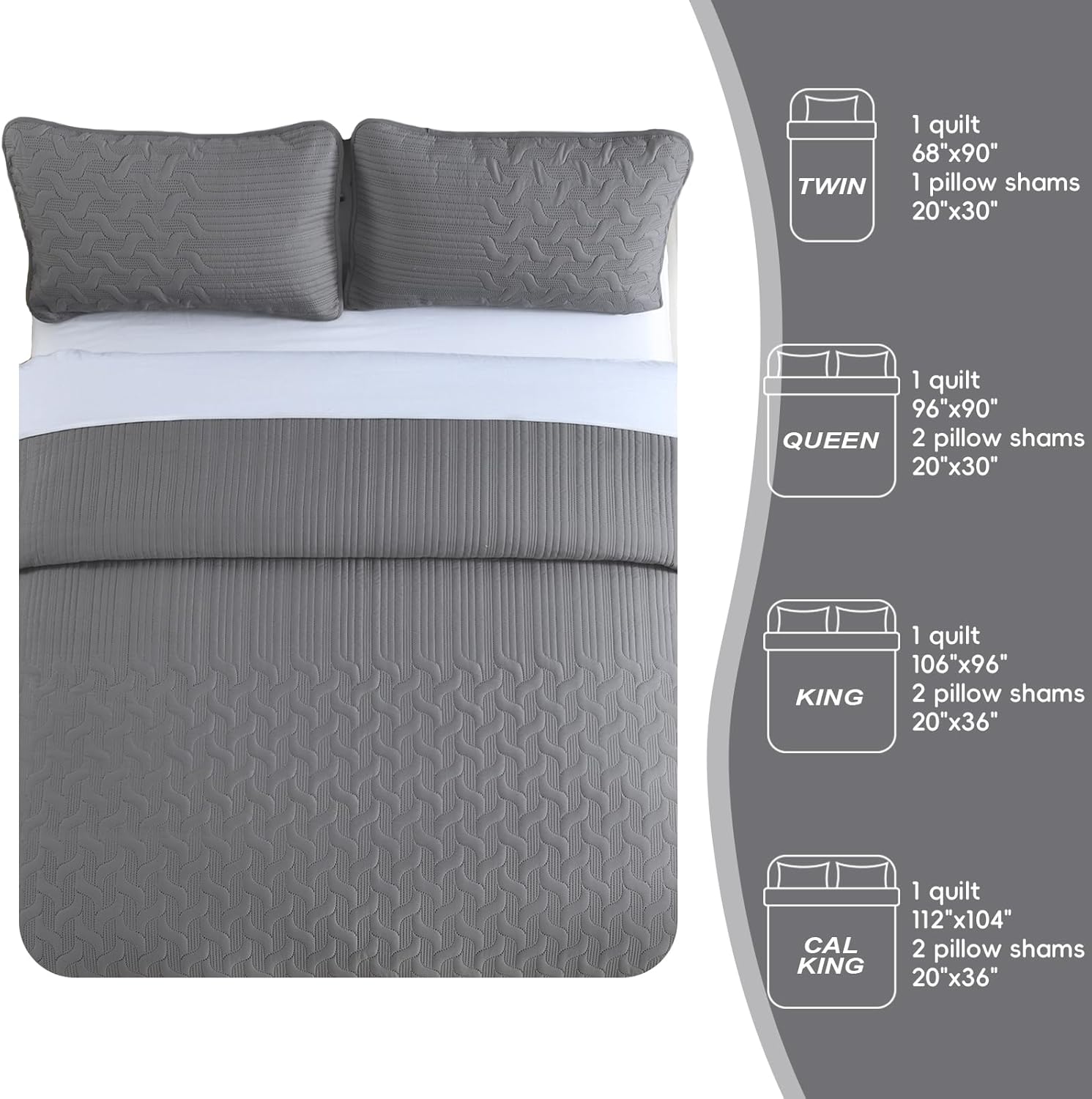 Yiran Grey Quilt Set Queen Size Lightweight Bedspread Ultrasonic Wave Pattern Soft Microfiber Coverlet for All Season Modern Style 3 Piece Bed Cover Sets with 2 Pillow Shams (96"x90")