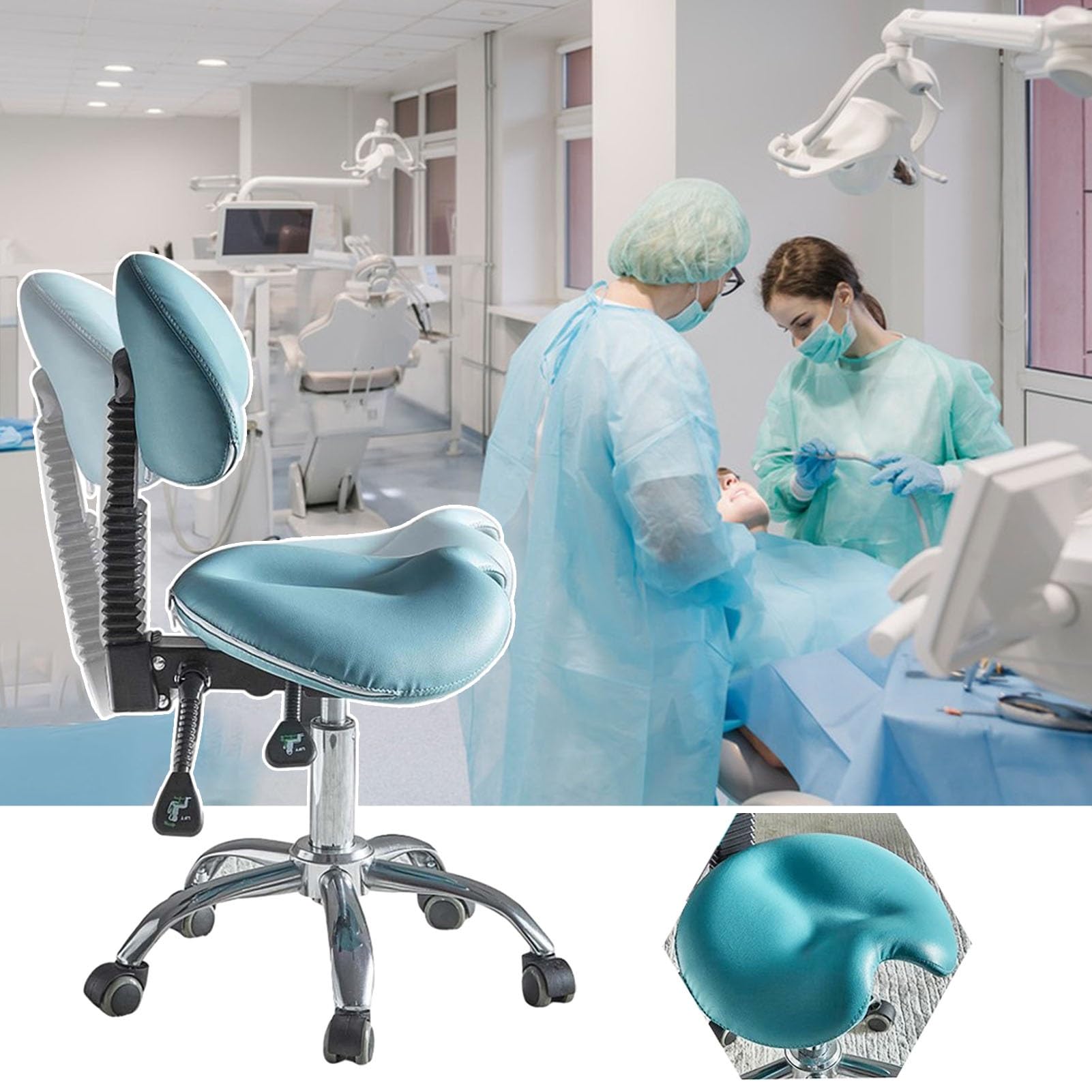 Ergonomiczne krzesło siodełko do higieny jamy ustnej z podparciem oparcia, niebieski, regulowany stołek, wysokość 63, 61 cm, obrotowe o 360°, wygodne siedzisko dla dentystów