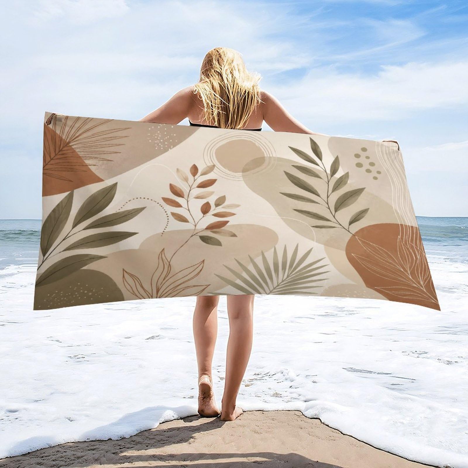 Anceky Botanical Leaf Beach Towel 32"×63",Soft Microfiber Bath Towel Shawl, Quick Dry Absorbent Pool Spa Gym Shower Towel