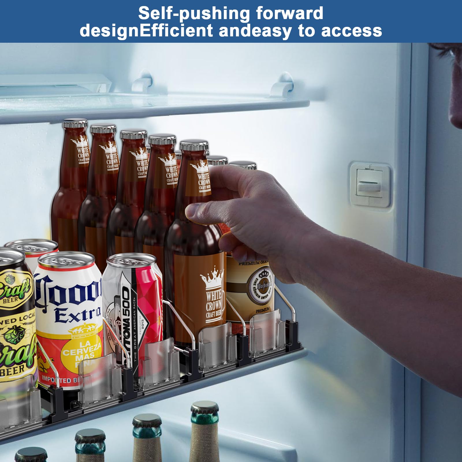 Organizador de bebidas para mini refrigerador, 12 onzas, 16 onzas, 20 onzas, dispensador de latas de refresco para refrigerador, ancho ajustable, deslizamiento automático del empujador, 12.2