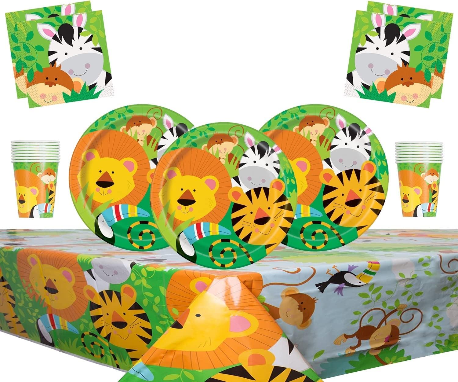 Offer Shop Jungle Animal Party supplies Tableware Kids Birthday Party-16 Plates 16 Cups 16 Napkins 1 Tablecloth-Serves 16 Guests