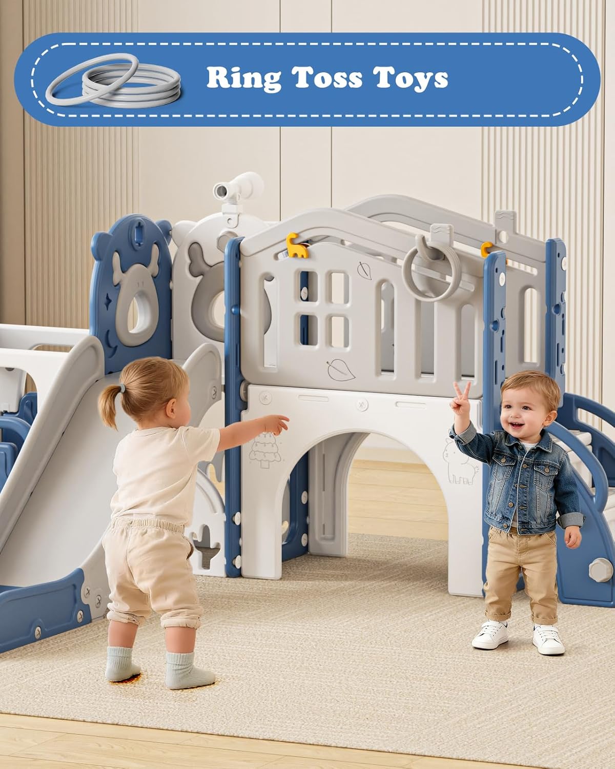 XJD 10 in 1 Toddler Slide, Kids Slide for Toddlers 1-3, Toddler Play Climber Slide Playset with Basketball Hoop and Ball,Toddlers Outdoor Indoor Playground (Blue, Large)