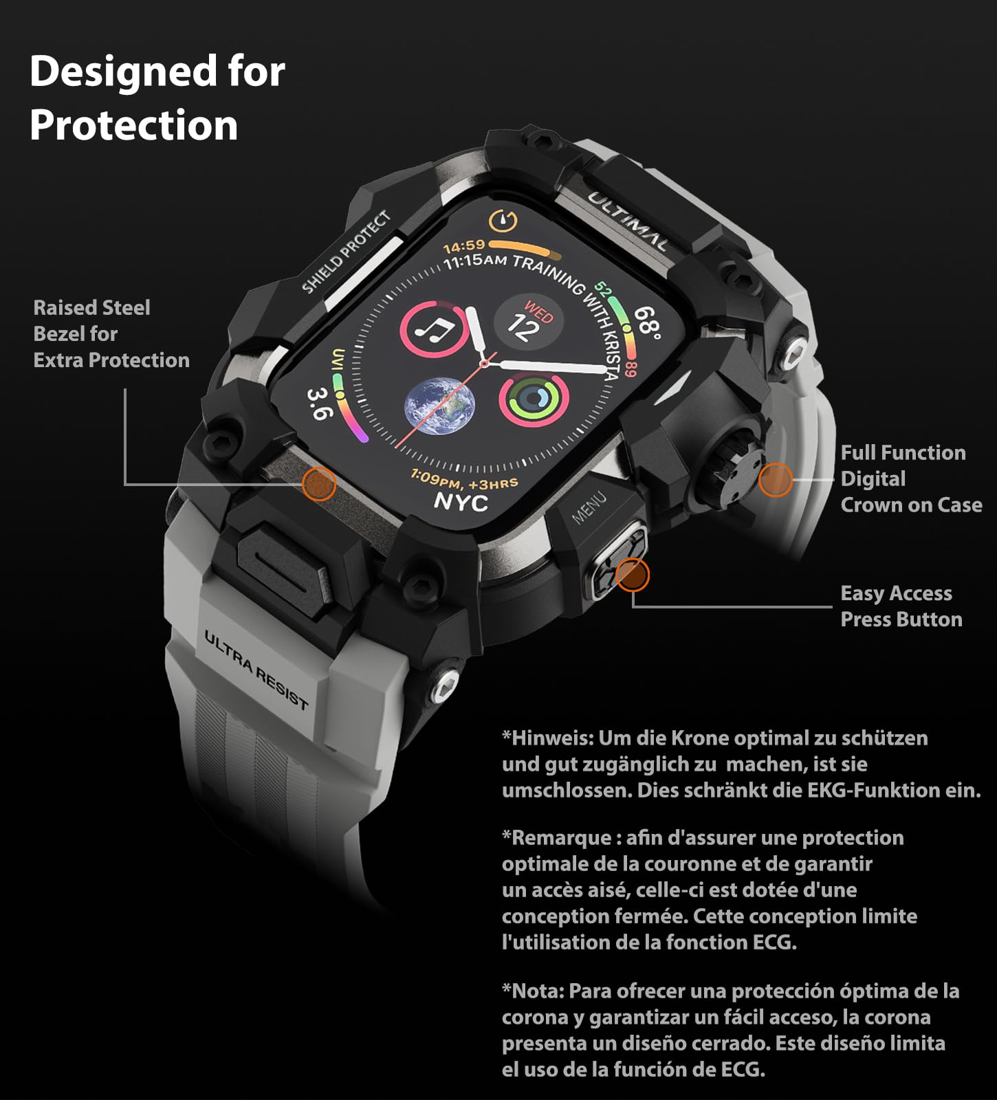 ULTIMAL Etui z paskiem i folią pancerną do Apple Watch 49 mm, 3 w 1, sportowy pasek do Apple Watch Ultra/Ultra 2, certyfikat wojskowy, odporny na uderzenia pokrowiec ochronny do iWatch