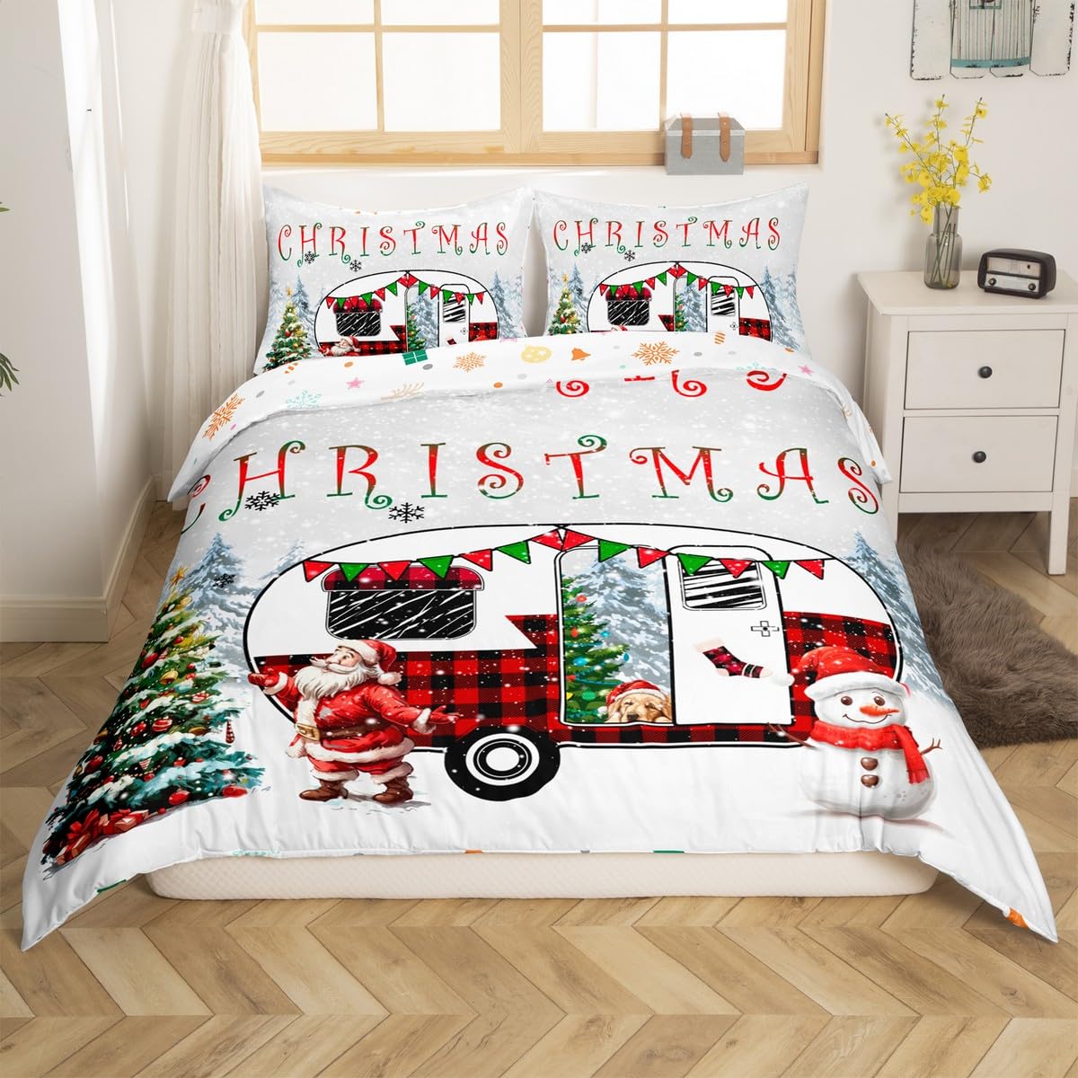 Happy Camping Duvet Cover Queen,Christmas Camper Bedding For Travel Trailers Xmas Decor RV Comforter Cover,Kids Girls Santa Claus Camping Themed