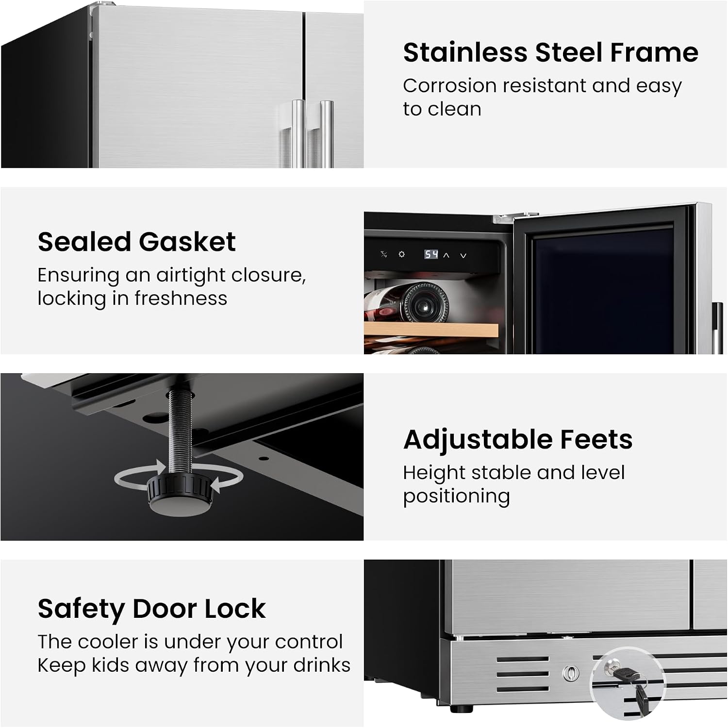 Close-up images showing the stainless steel frame, adjustable feet, safety door lock, and sealed gasket of the Yeego refrigerator.