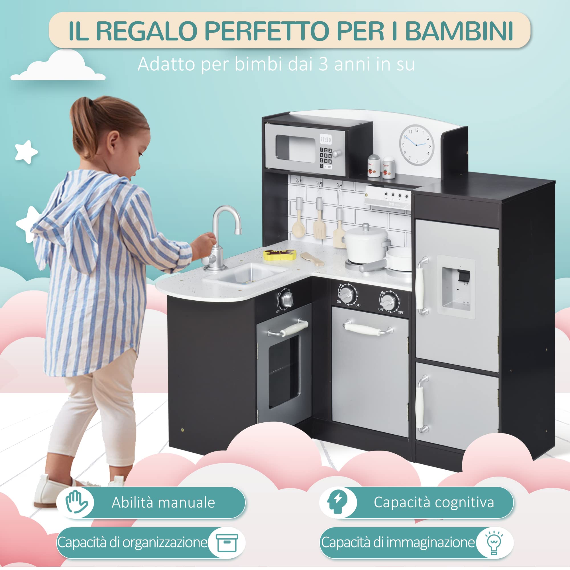 HOMCOM Cucina Giocattolo per Bambini 3+ Anni, in Legno, Argento Marrone | 14 Accessori, Forno, Lavandino, Frigo e Microonde, 86x64x84.5cm