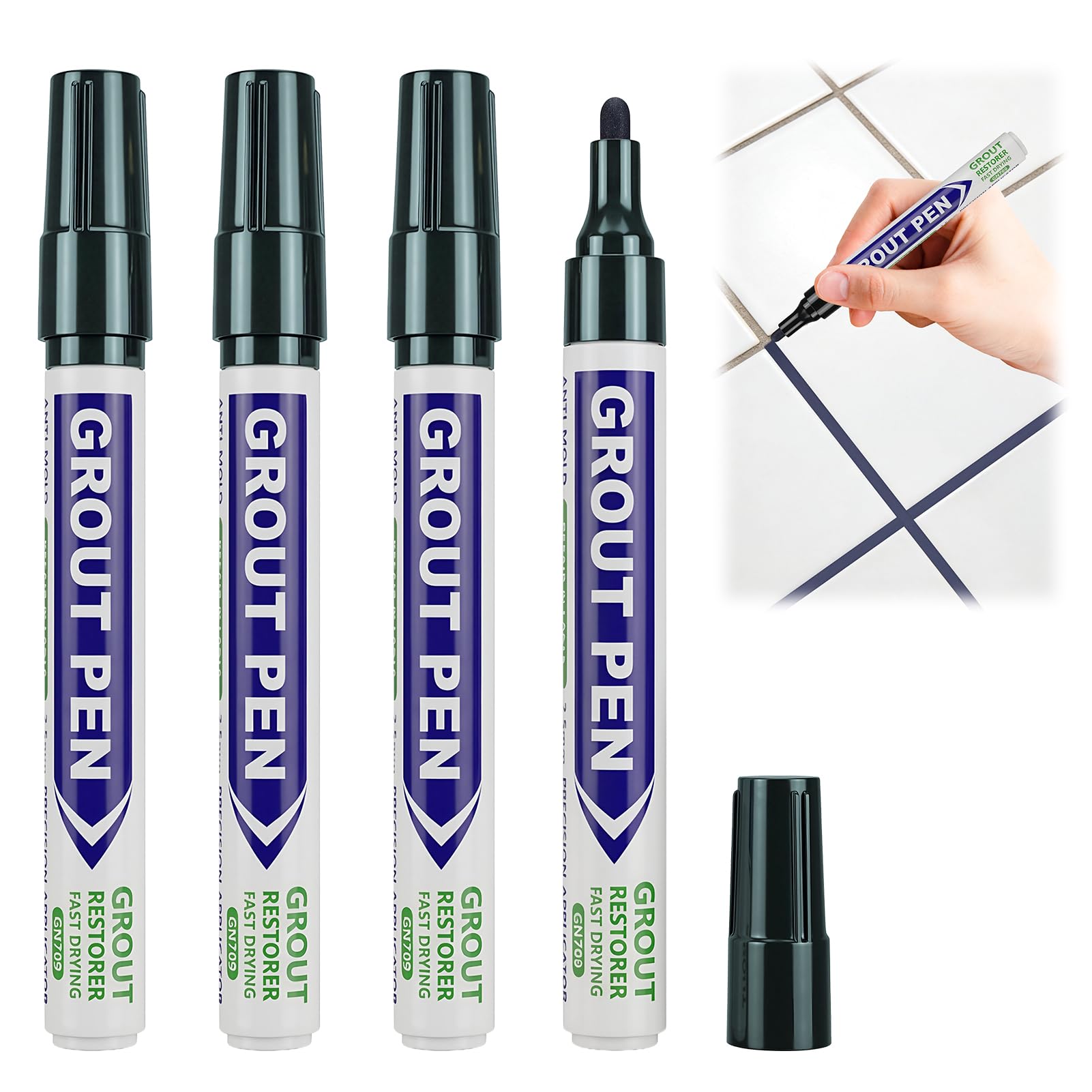 4 Pack Dark Grey Grout Pens, Waterproof Tile Grout Reviver Marker for Bathroom & Kitchens, Tile Paint Repair Pen to Restoring Reviver Joints on Wall & Floor Tiles