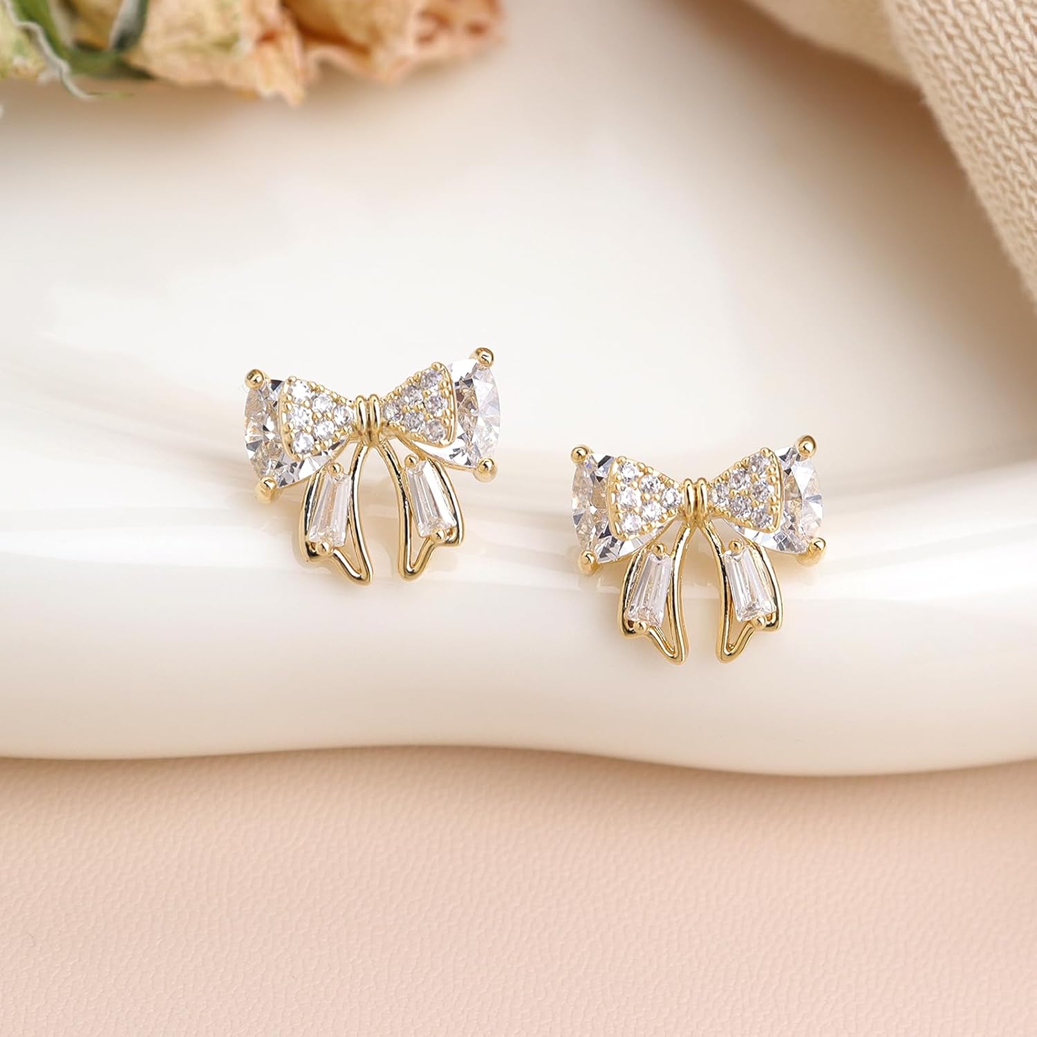 Gold White Bow Bellflower Pearl Rhinestone Stud Earrings for Women, Simple Bowknot Earings Wedding Prom Accessories Jewelry Gift - Image 4