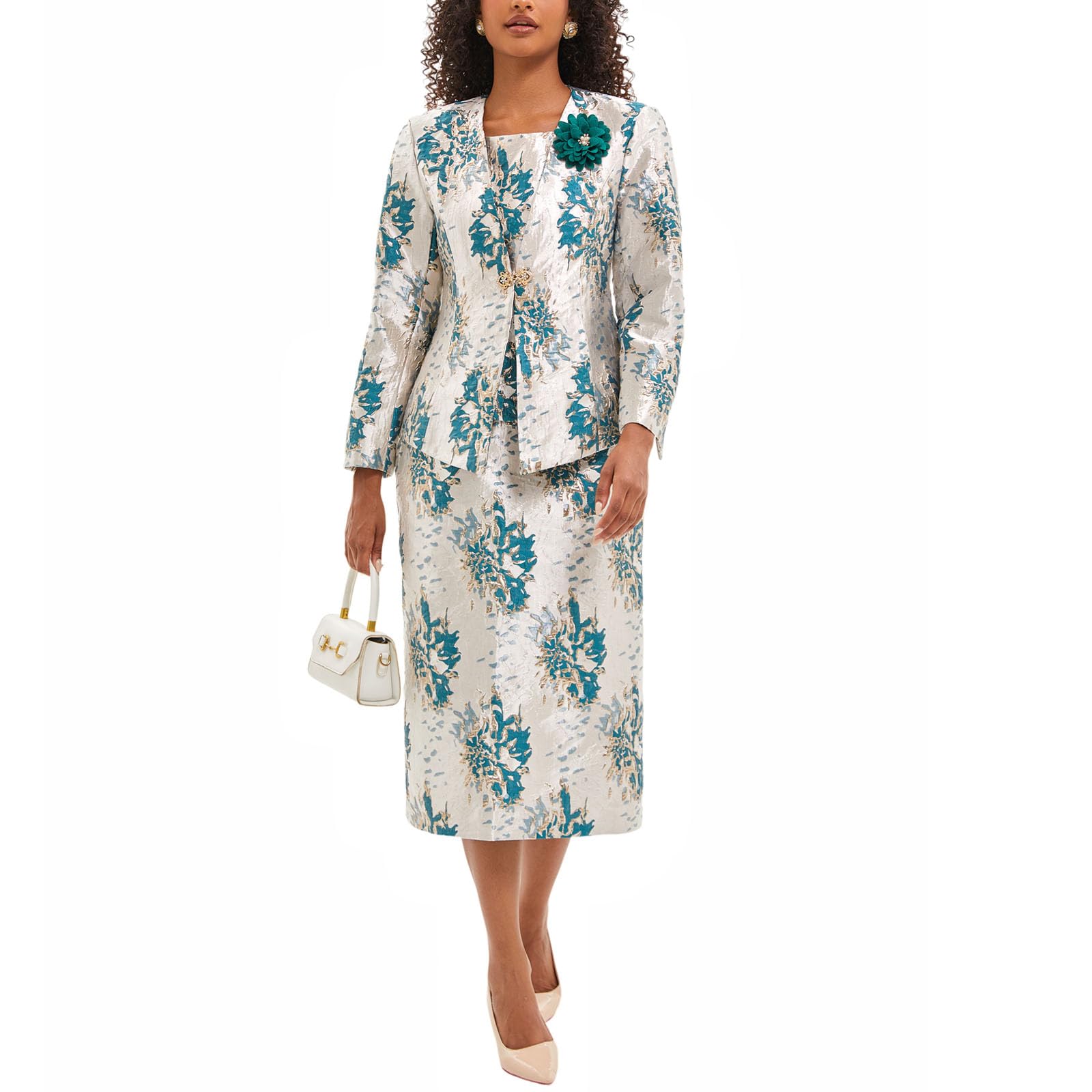 Womens 3 Piece Church Dress Suits for Formal Occasion Party Elegant Jacquard Embroidery Mother of The Bride Dress