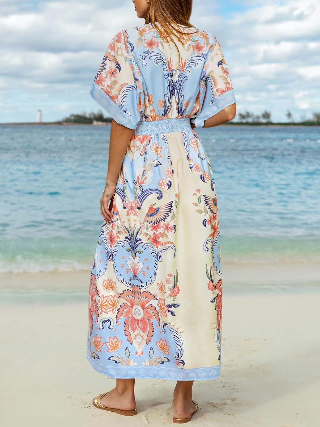 CUPSHE Women Boho Maxi Summer Dress Plunging V Half Dolman Sleeve Empired Waist Side Slit Sundress Holiday Beach Dresses