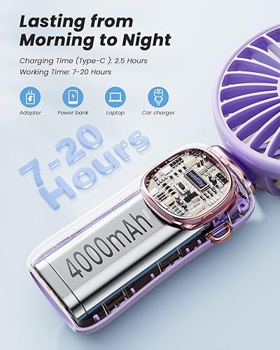 Miniatura 10 de coldSky Ventilador de mano portátil, 4000 mAh, funciona con pilas, ventilador de viaje personal multifunción 3 en 1 con pantalla digital, ventilador