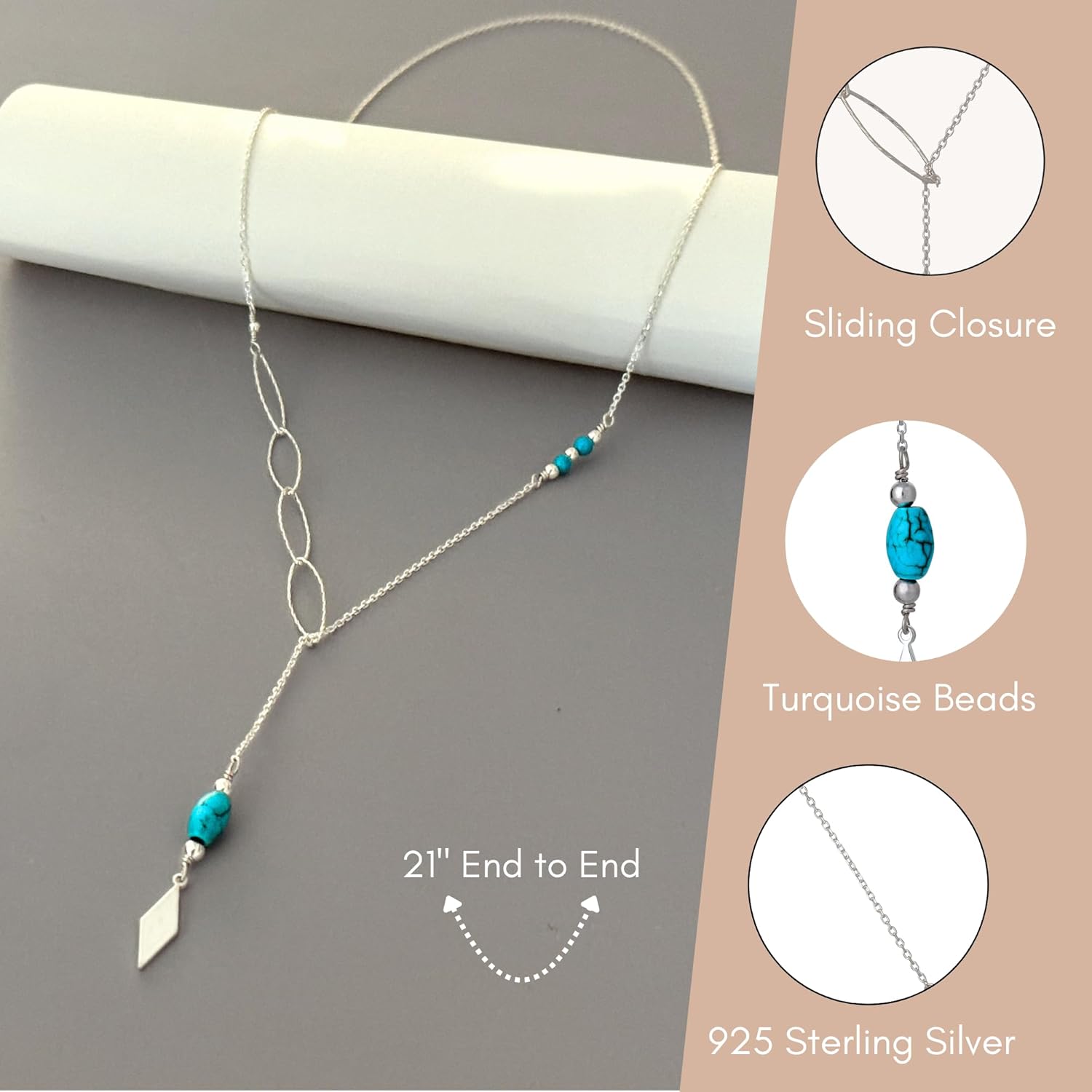 Annika Bella Turquoise Lariat Necklace - Long Drop Y Necklace, Turquoise Jewelry for Women, Oval Links Chain, Adjustable 925 Sterling Silver/Gold Chain - Image 3