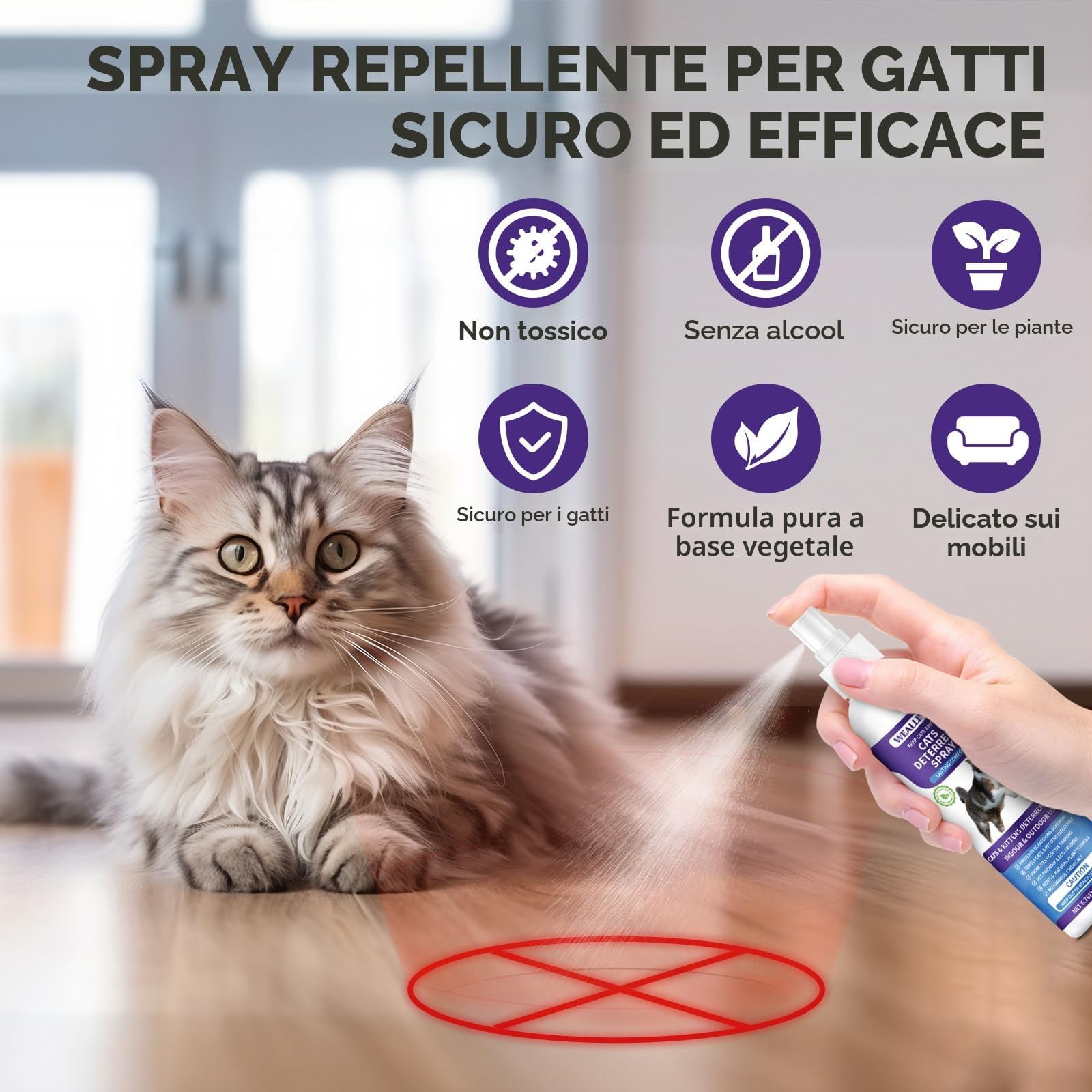 WEALLIN Spray Repellente per Gatti, 200ml Repellente Gatti e Spray AntiGraffio per Gatti Divano, Uso Interno ed Esterno, Protezione del Divano e Mobili, Ideale per Casa e Giardino