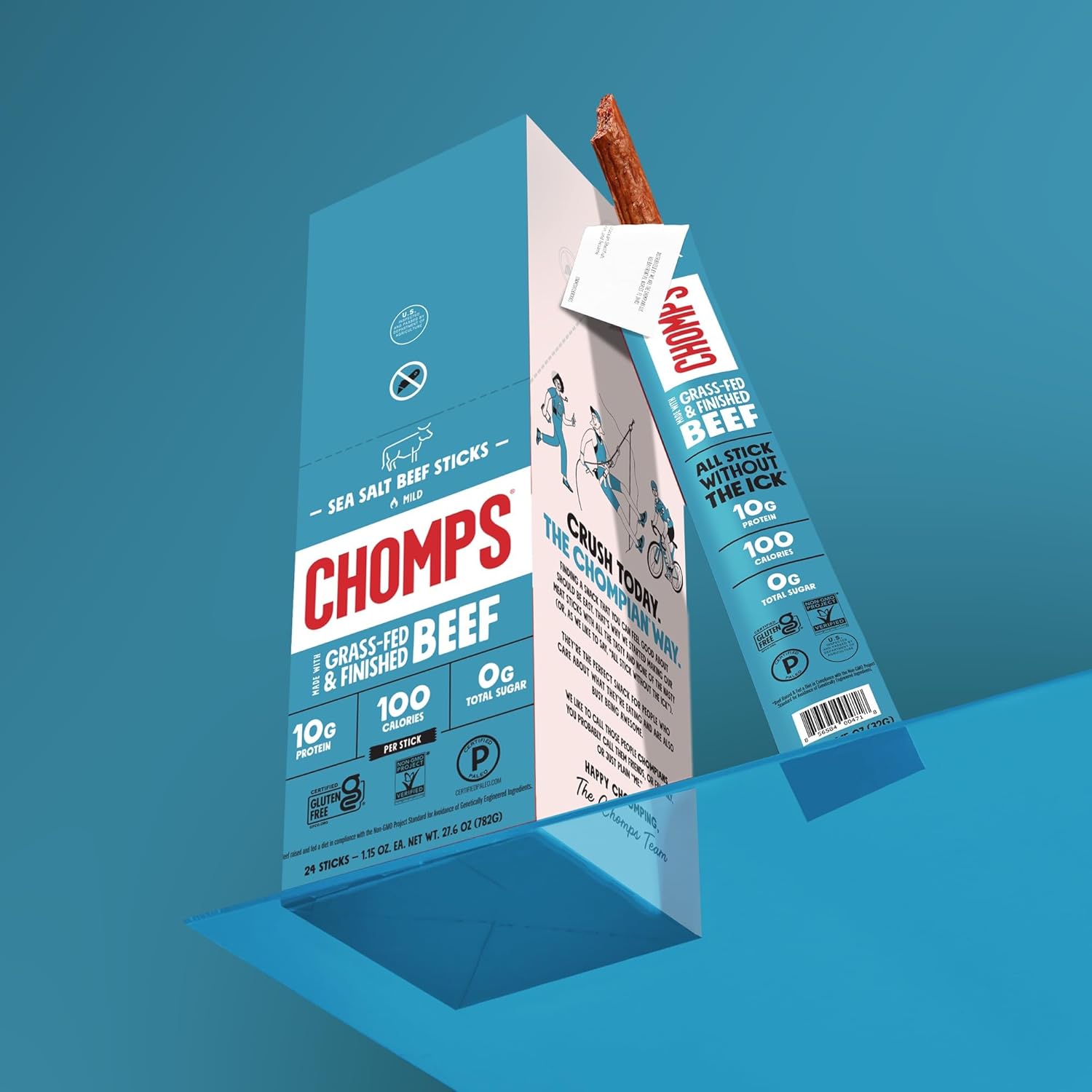 CHOMPS Grass Fed Sea Salt Beef Jerky Snack Sticks, Keto, Whole30, Paleo, Gluten Free, Sugar Free, Low Carb, AIP Diet Compliant, 1.15 Oz, Pack of 24