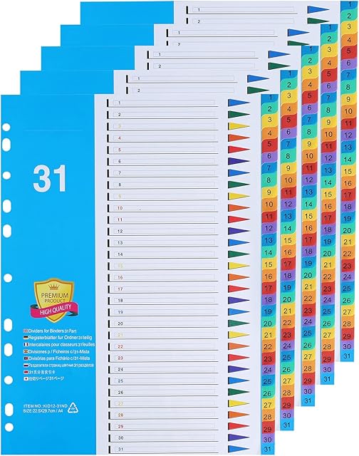 [5 Pack]A4 File Dividers 31 Part Numbered 1-31,31 Part A4 Index Divider Subject Dividers with Numbers Multipunched Reinforced Colour Index Tabs