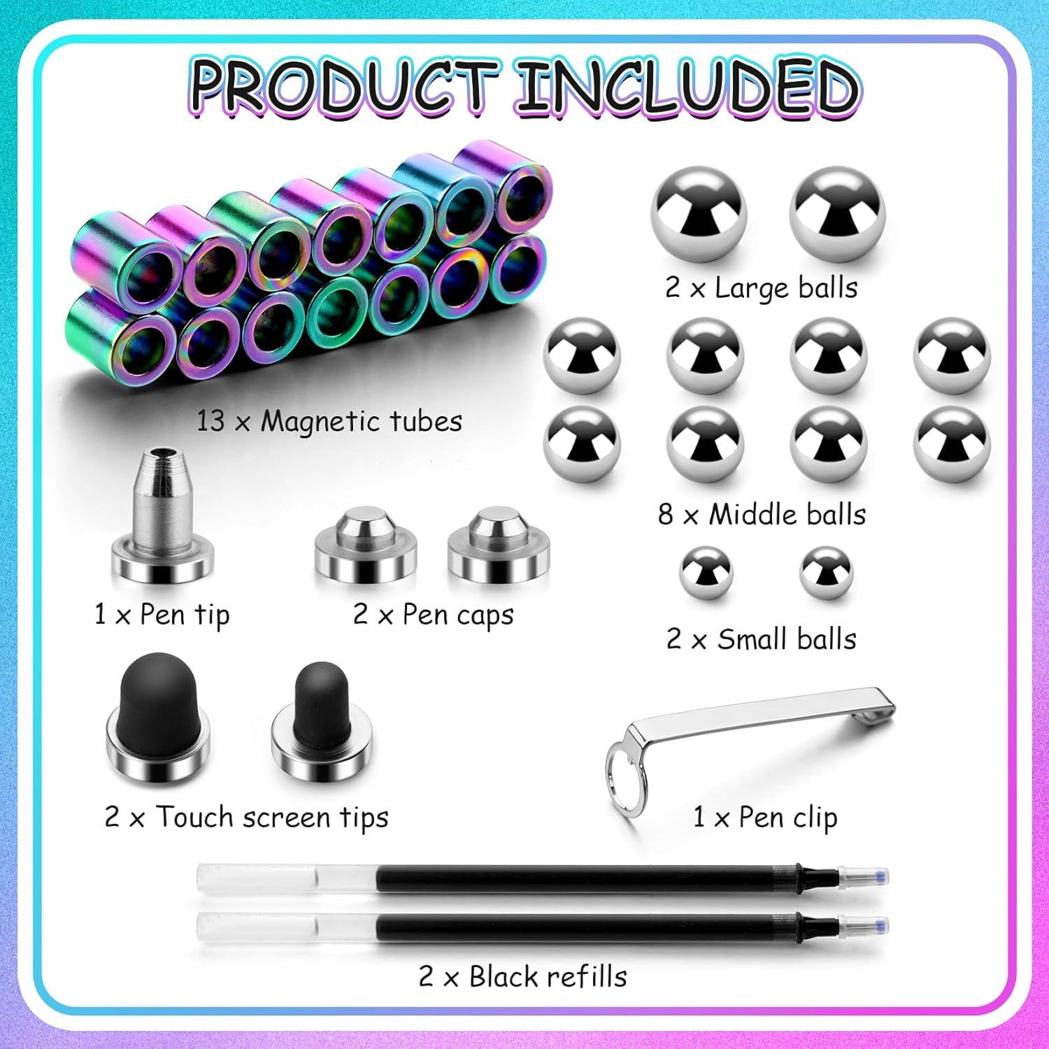 SONANI LIFESTYLE Magnetic Pen & Magnetic Fidget Pen – Creative Decompression Ballpoint Toy for Shape-Building, Stress Relief | 13 Rings, 12 Balls, 2 Stylus Tips & 2 Refills - Silver 1