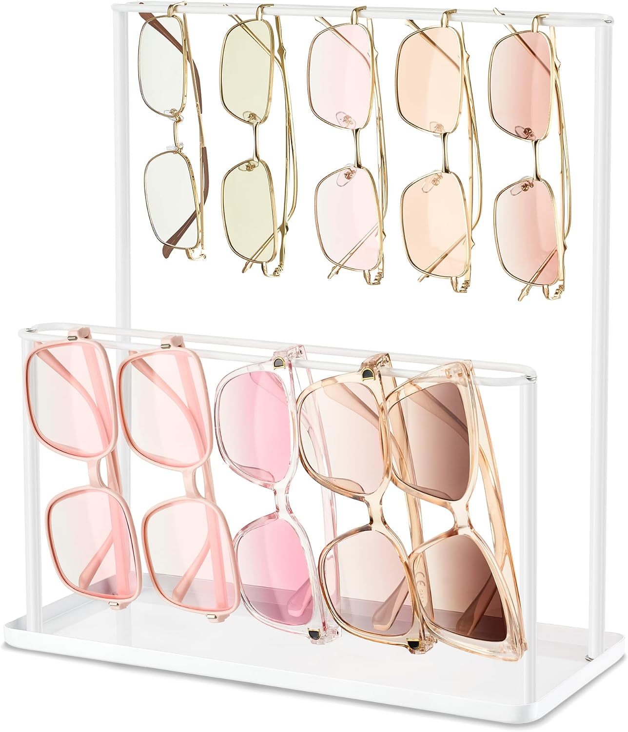 Sunglasses Organizer Glasses Holder Stand with Tray, Eye Glasses Display, 2 Tier Sunglass Storage Rack for Multiple Glasses, for Desk, Nightstand, Dresser, Vanity, Metal, Gold